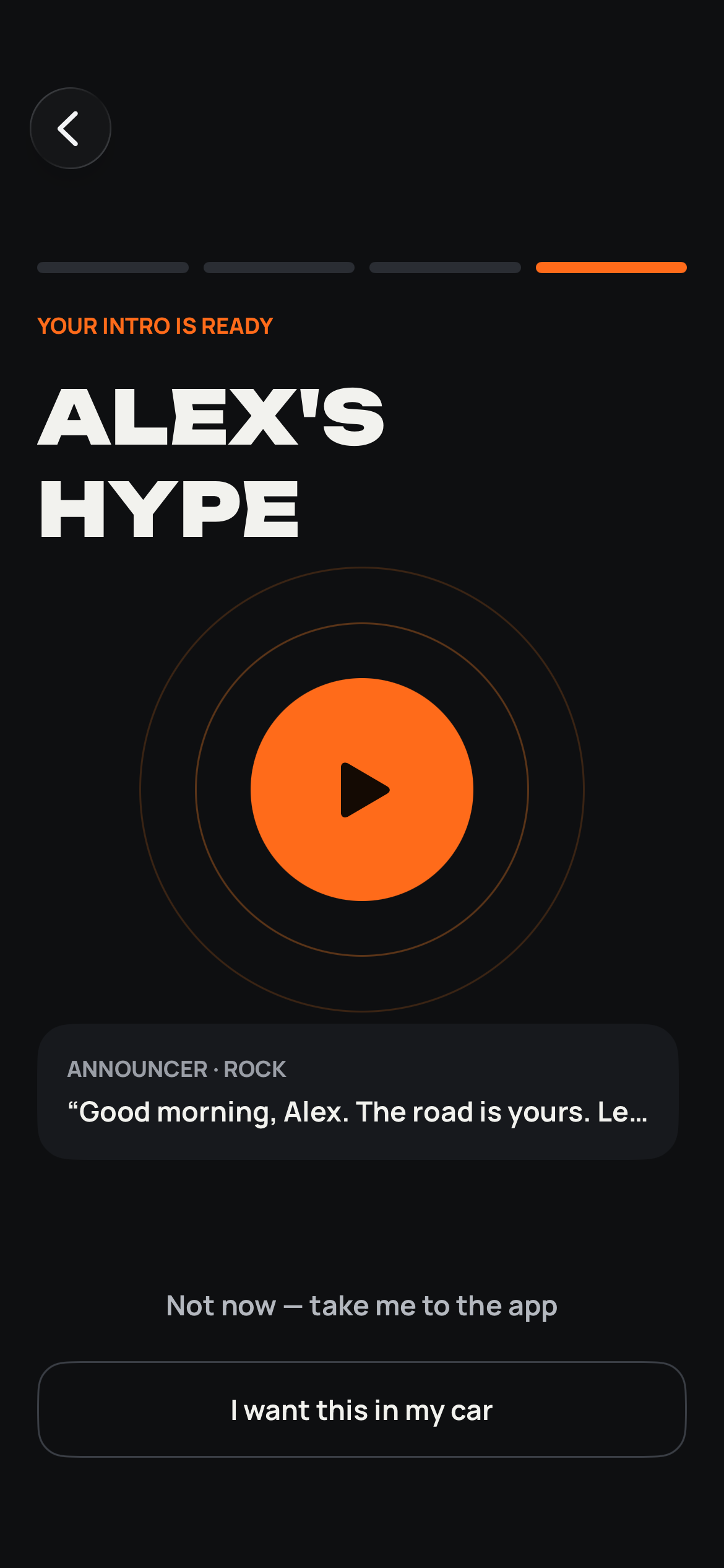 The Hypeman app showing Alex's personalized intro, ready to play